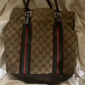 Gucci Beige and Brown Canvas Tote with Green and Red Stripes